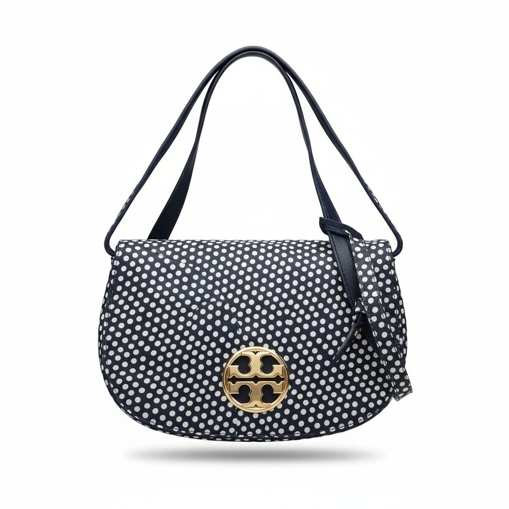 Tory Burch Navy Polka Dot Shoulder Bag with Gold Logo Medallion
